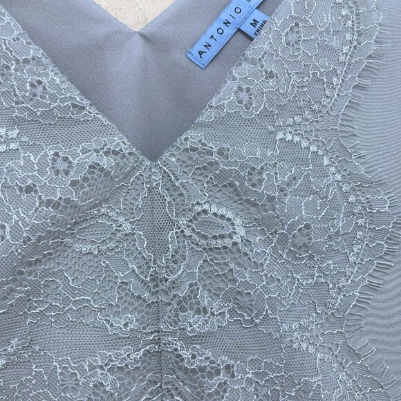 Antonio Melani Silk Top M Grey Lace Trim Sleeveless V-Neck Layered Blouse - Picture 6 of 11